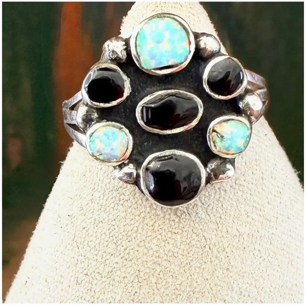 Sterling Silver Black Onyx & Created Opal Statement Ring